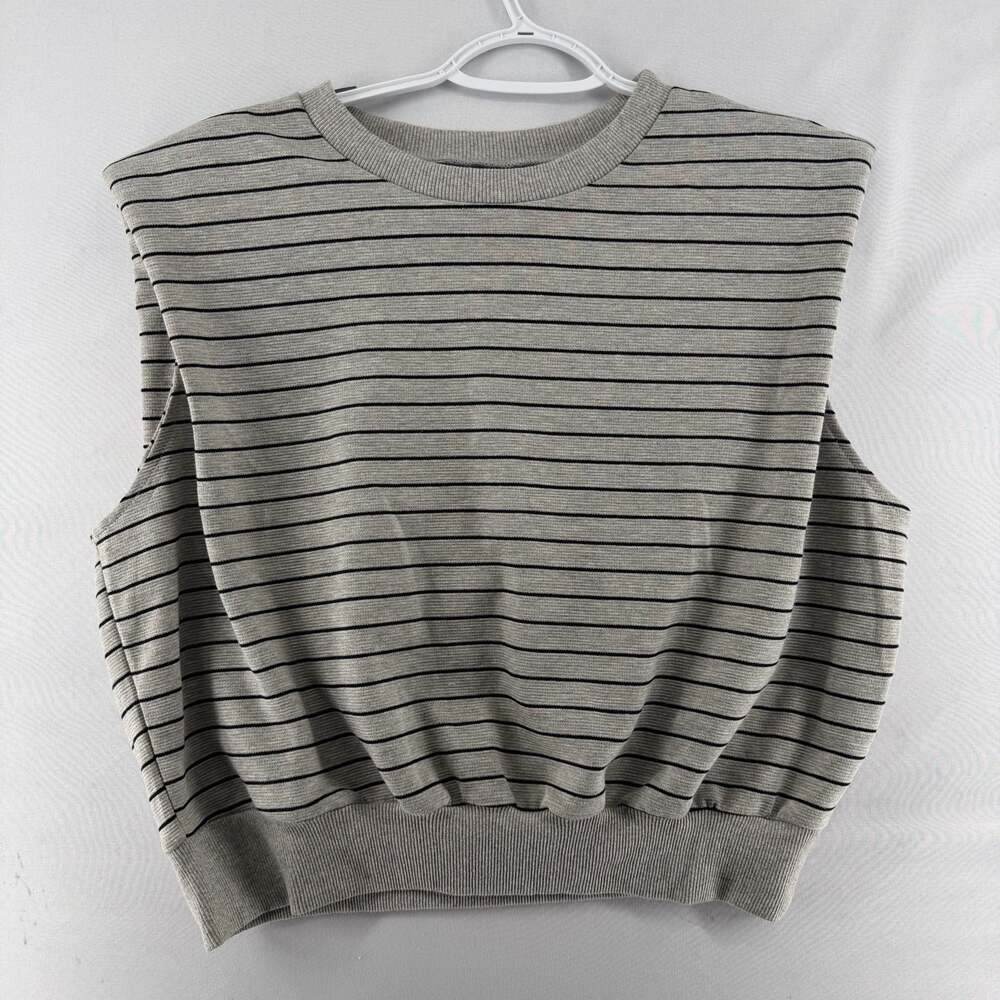 1381 WS Gray Striped Knit Sweater Vest with Shoulder Pads